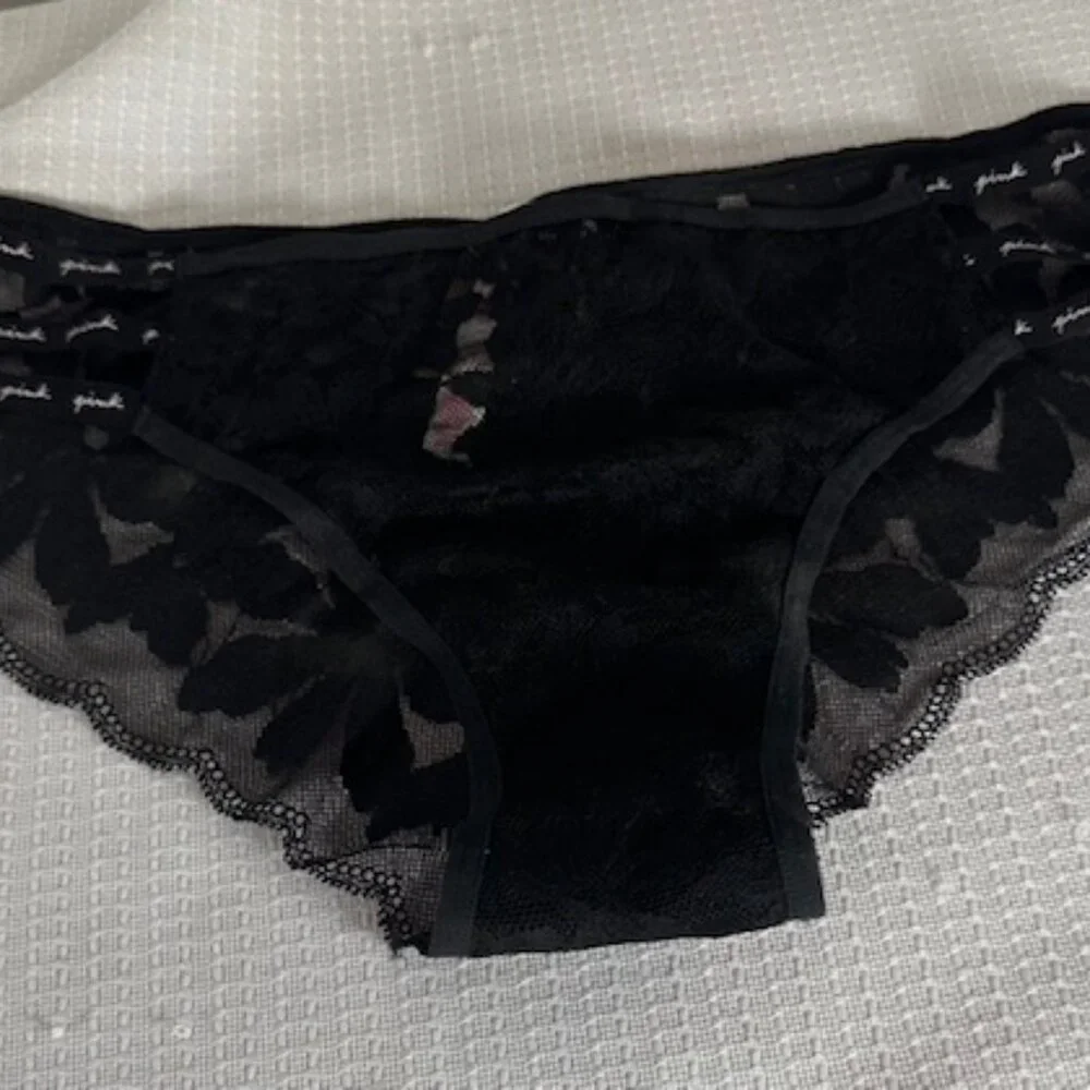 Victoria's Secret "Pink" Strappy Black Lace Floral Cheekster Panty  8350 - Picture 6 of 8